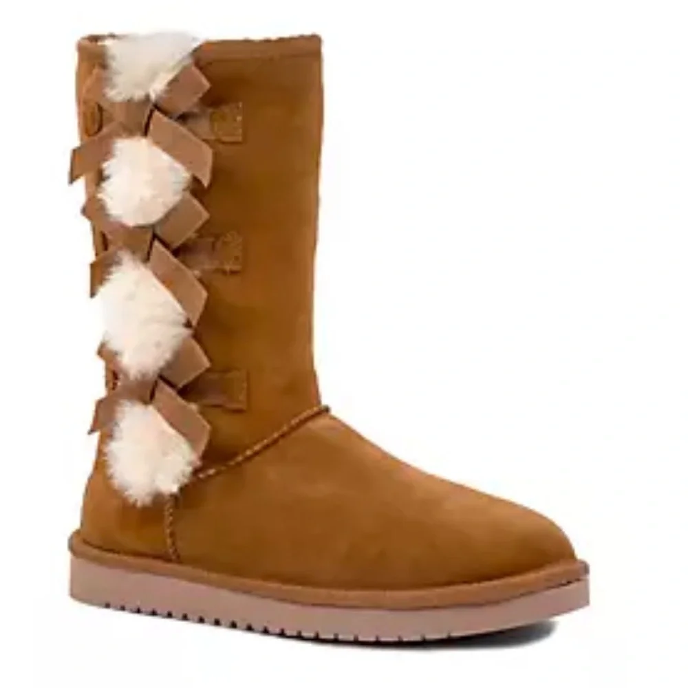 Koolaburra by UGG Victoria Tall Pom Pom Bow Boots Chestnut Suede Women’s 10